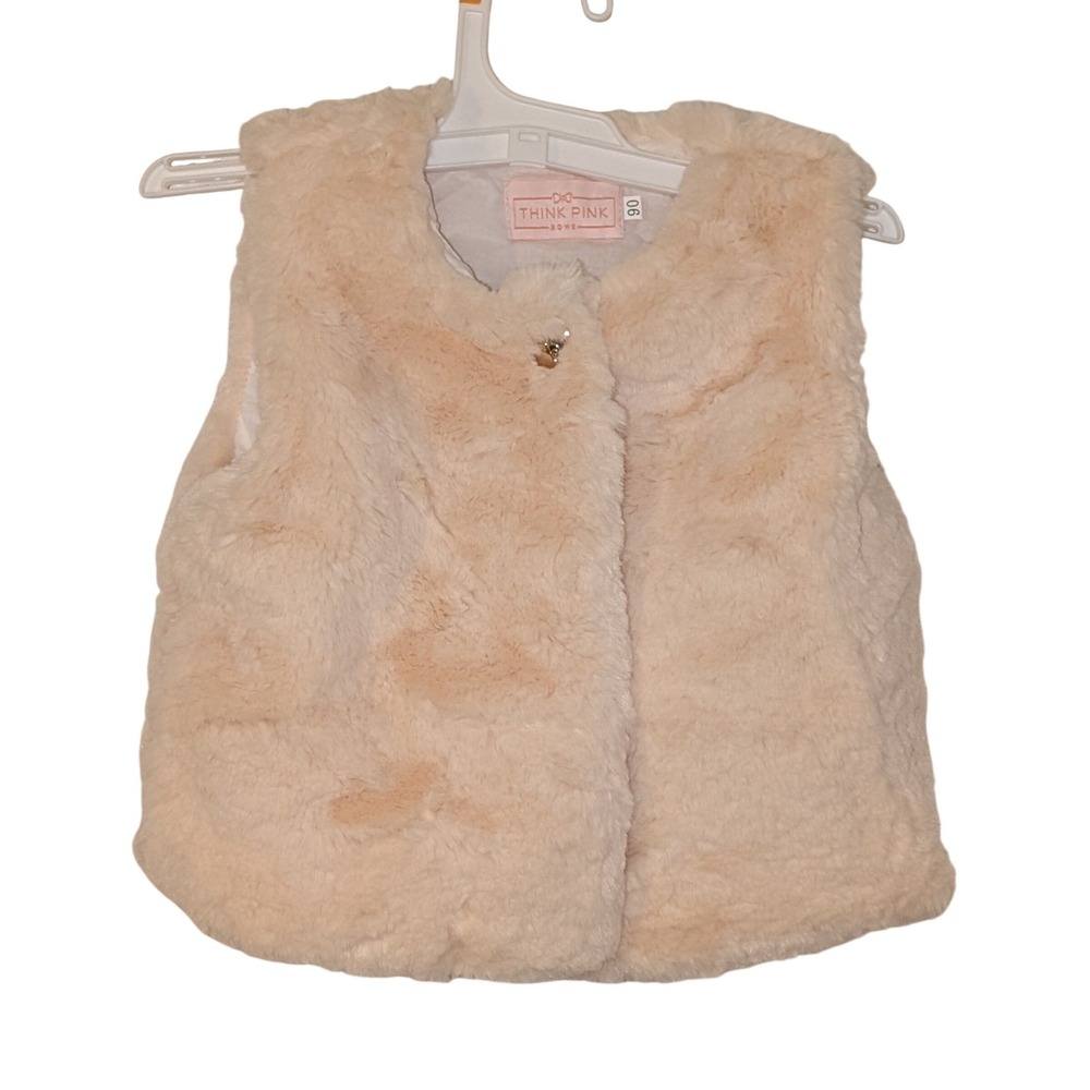 Think Pink Kids Faux Fur Vest Cream Peach Single Button Size 12-24 Month NWOT
